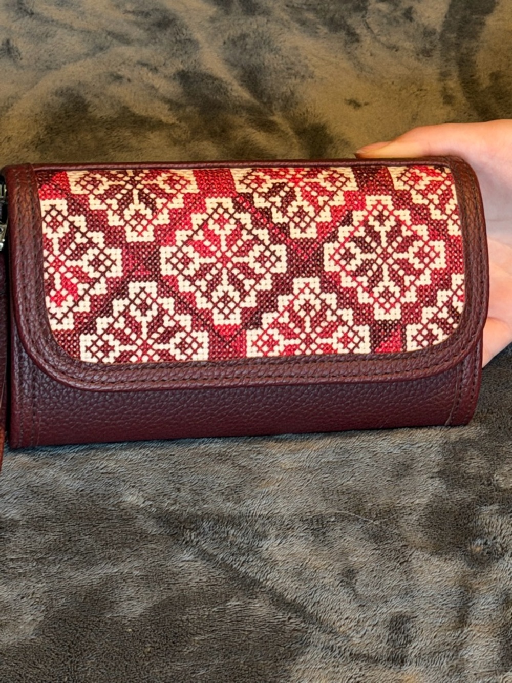 Burgundy Woven Pattern Clutch with Cream Accents